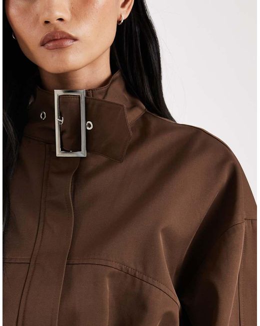 ASOS Brown Funnel Neck Cropped Jacket With Buckle Detail
