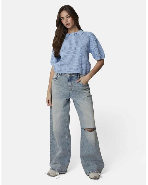 Good For Nothing Blue Cropped Pointelle Knit Polo Shirt