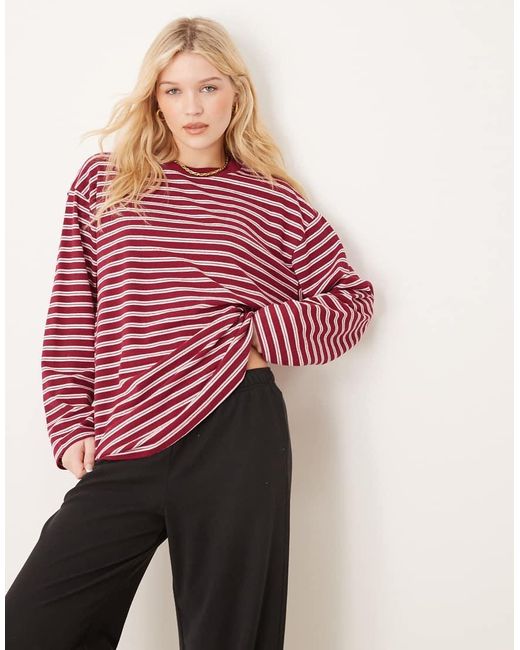 T-Shirt Stile Skater A Maniche Lunghe Oversize Bordeaux A Righe di ASOS in Red