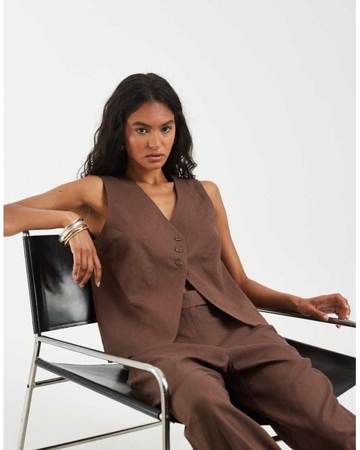 Pieces Brown Asymmetric Linen-touch Tailored Waistcoat Co-ord