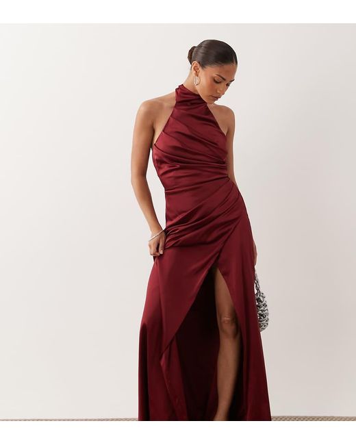TFNC London Red Tfnc Bridesmaid Petite Satin Halter Neck Pleat Detail Maxi Dress