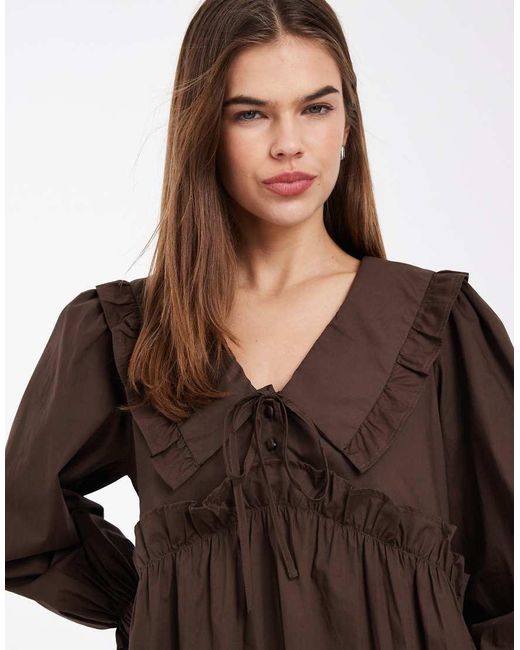 Daisy Street Blue Volume Sleeve Smock Mini Dress With Oversized Collar