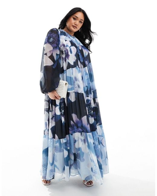 ASOS Blue Asos Design Curve Mixed Floral Print Smock Maxi Dress
