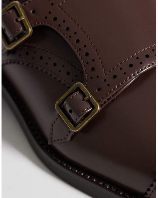 ASOS Brown Two Strap Monk Shoes With Broguing Details for men