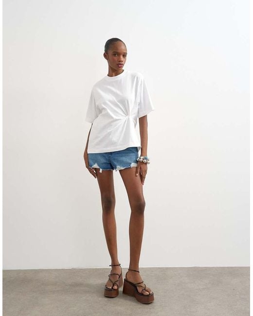 TOPSHOP White Roll Sleeve Cinch Tee