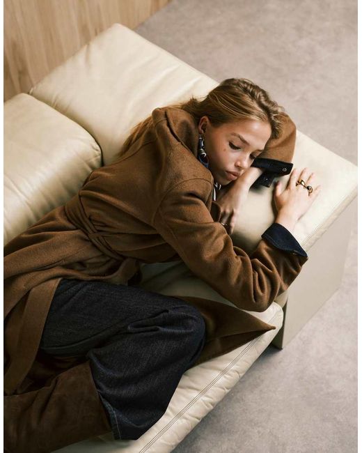 Mango Brown Wool Mix Longline Tie Waist Coat
