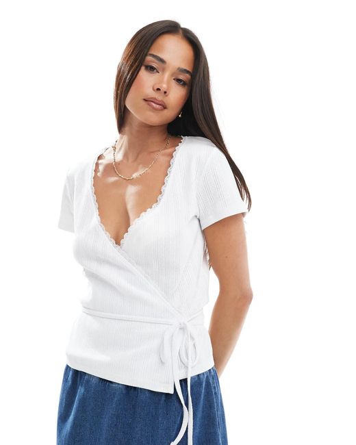 Miss Selfridge White Pointelle Lace Trim Wrap Top