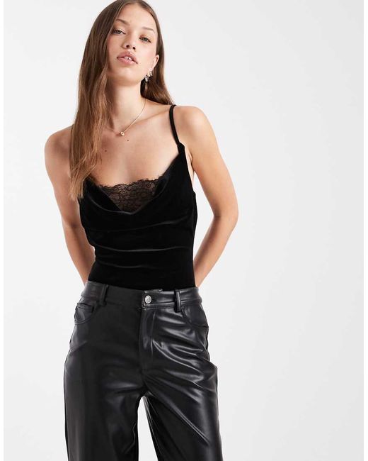 Miss Selfridge Black Velvet Lace Detail Cami Bodysuit