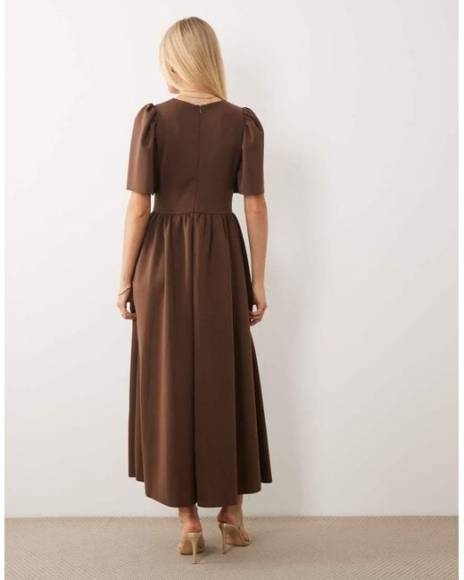 Y.A.S Brown Fitted Bodice Puff Sleeve Maxi Dress