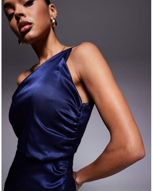 Vesper Blue One Shoulder Ruched Satin Maxi Dress