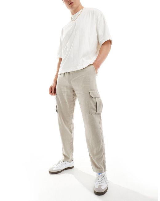 New Look White Linen Blend Cargo Trousers for men