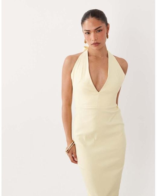 Vesper Petite Natural Bengaline Scoop Halterneck Tie Detail Midi Dress