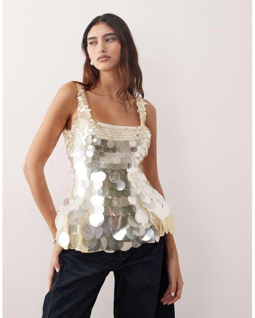 ARRANGE White Embellished Disc Sequin Square Neck Top