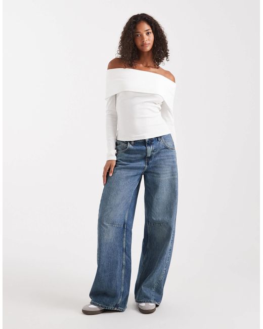 Miss Selfridge White Mixed Rib Knit Off The Shoulder Top