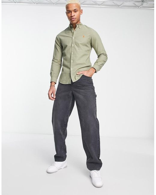 Polo Ralph Lauren Gray Icon Logo Slim Fit Garment Dyed Oxford Shirt Button Down for men