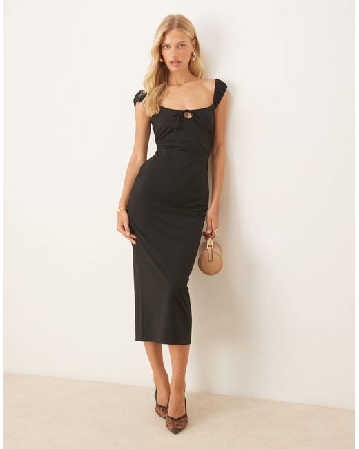 ASOS Natural Ruched Cap Sleeve Tie Front Midi Dress