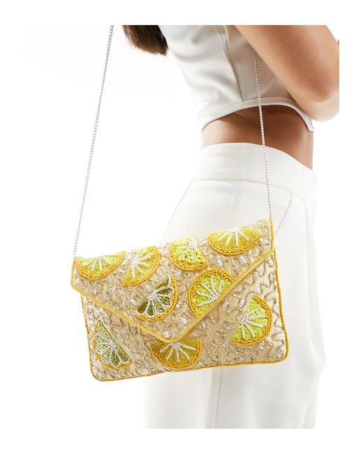 True Decadence Yellow Lemon Embellished Envelope Clutch Bag