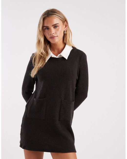Vero Moda 2 In 1 Long Sleeve Knitted Mini Dress With Poplin Collar In in Black | Lyst Vero Moda 2 In 1 Long Sleeve Knitted Mini Dress With Poplin Collar In in Black | Lyst