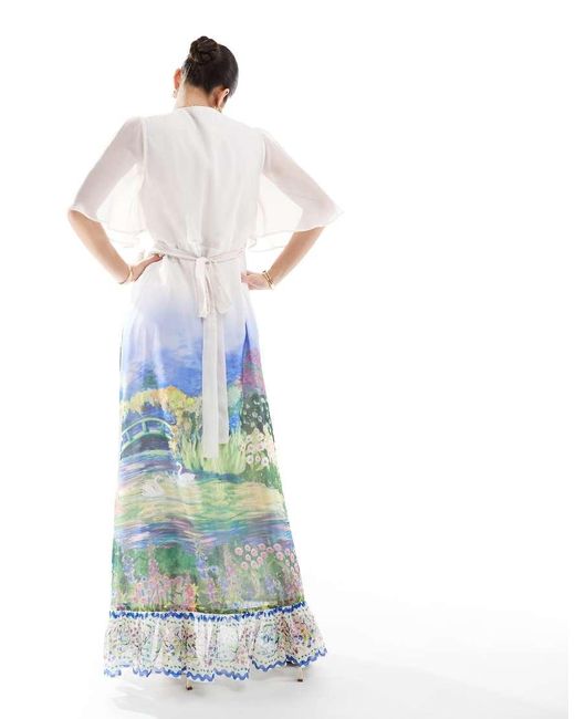 Hope & Ivy White Flutter Sleeve Maxi Wrap Dress With Tie Waist
