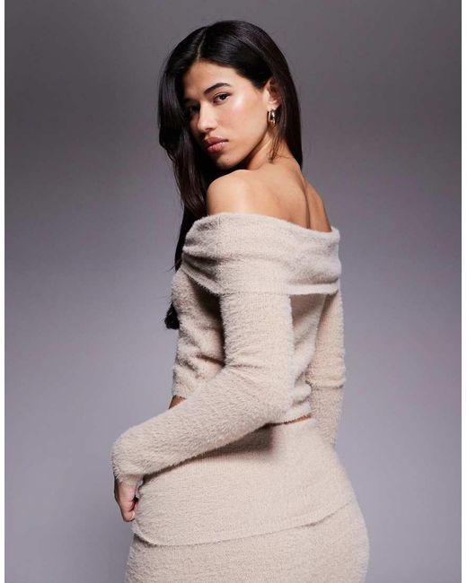 Aria Cove Gray Fluffy Knit Bardot Metal Detail Jumper Co-ord