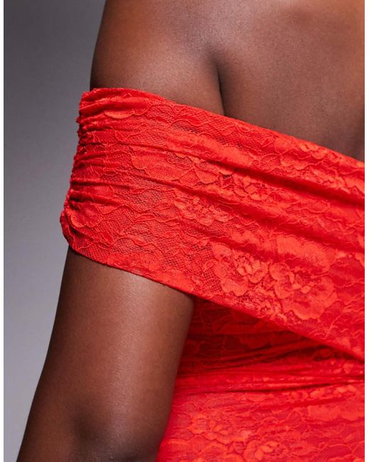 Kaiia Red Exclusive Double Laye Slinky Lace Asymmetric One Shoulder Sheer Hem Maxi Dress
