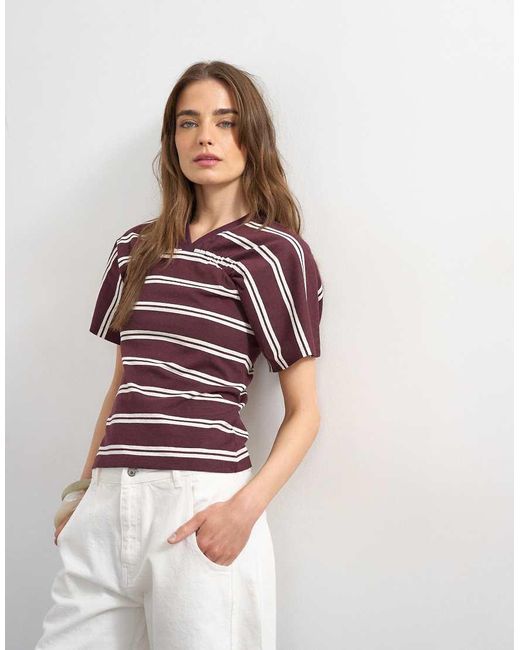 TOPSHOP Red Gather Yoke Seam Short Sleeve Top Burgundy Stripe