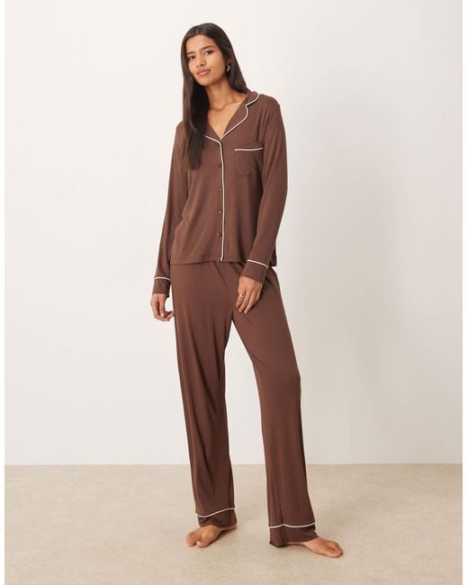 ASOS Natural Super Soft Long Sleeve Shirt & Pants Pajama Set