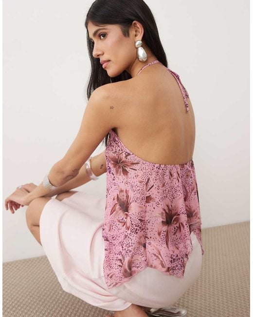 Motel Pink Orseha Halter Animal Print Top