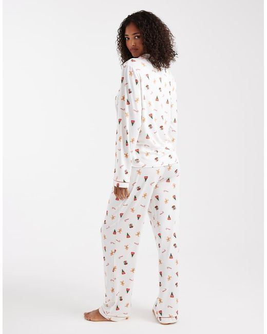 Loungeable White Christmas Super Soft Jersey Revere Top And Wide Leg Pyjama Set