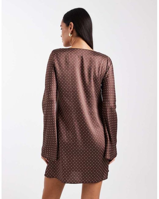New Look Brown Polka Dot Satin Long Sleeve Mini Dress