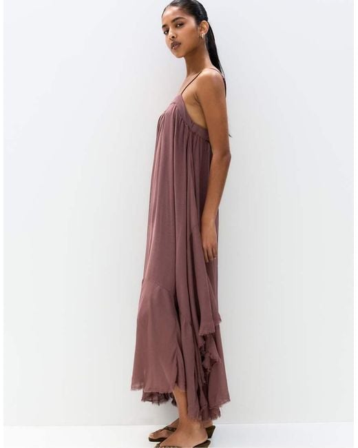 Pull&Bear Brown Midi Dress With Asymmetric Hem