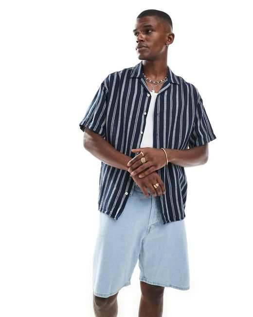 Jack & Jones Overhemd Met Reverskraag, Getextureerde Strepen En Korte Mouwen in het Blue voor heren