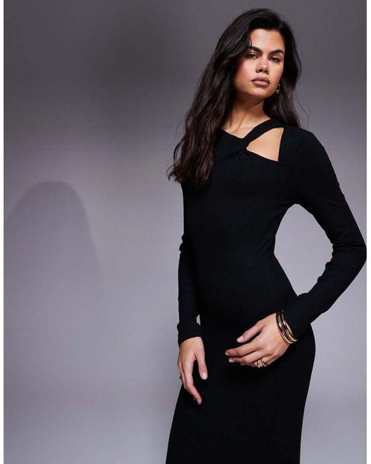 ASOS Blue Ribbed Asymmetric Neck With Knot Detail Maxi Dress