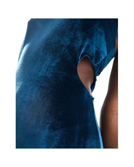 Robe caraco mi-longue en velours à encolure échancrée et découpes - sarcelle intense ASOS en coloris Blue