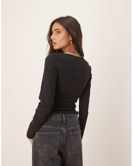 ASOS Black Ribbed Long Sleeve Top With Lace And Button Detail