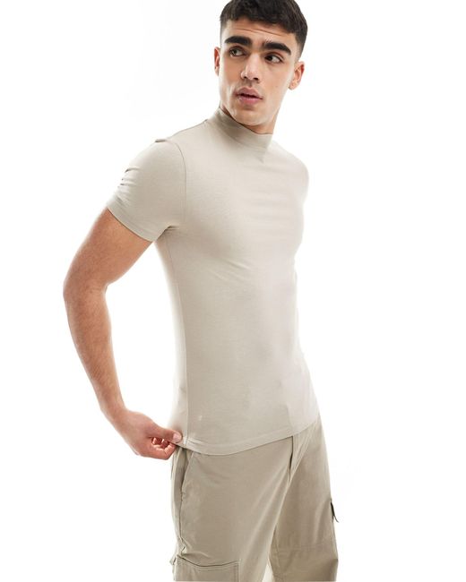 T-shirt attillata accollata color pietra di ASOS in White da Uomo