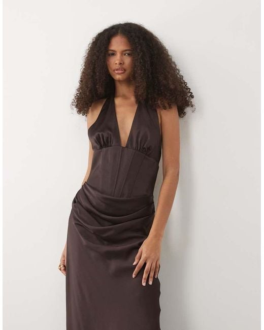 Forever New Brown Satin Plunge Corset Detail Maxi Dress