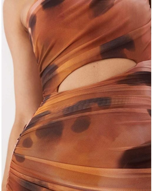 ASOS Brown Mesh Square Halter Maxi Dress With Asymmetric Ruching