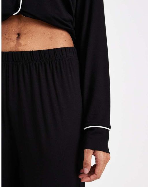 ASOS Black Super Soft Long Sleeve Shirt & Trouser Pyjama Set With Contrast Piping