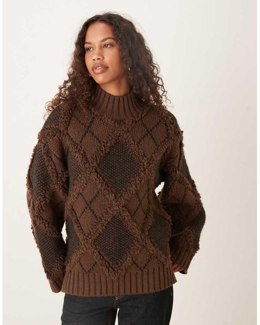 ASOS Brown Fringed Check Oversized Jumper