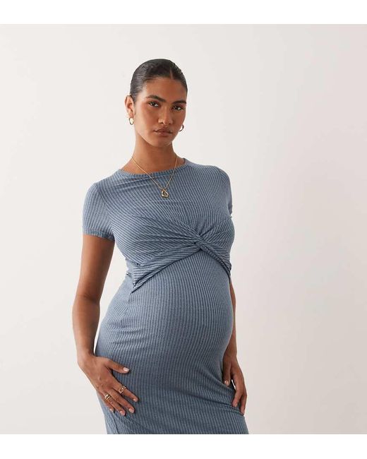 Mama.licious Blue Mamalicious Maternity Short Sleeve Knot Front Midi Dress With Nursing Function