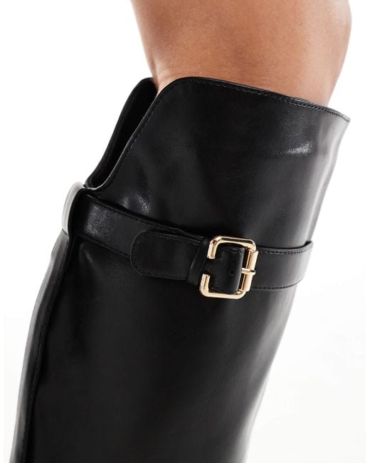 SEQWL Wide Fit Black Latte Buckle Detail Riding Boots