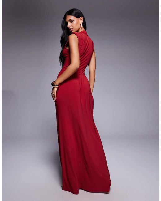 ASOS Red High Neck Sleeveless Maxi Dress With Ruched Detailing