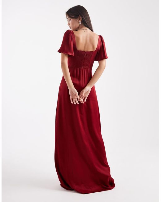 Maids To Measure Red Bridesmaid Square Neck Flutter Sleeve Maxi Dress