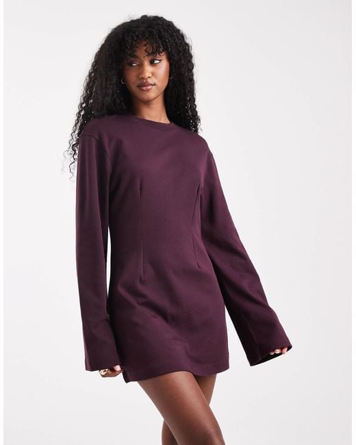 Monki Purple – tailliertes, langärmliges t-shirt-minikleid