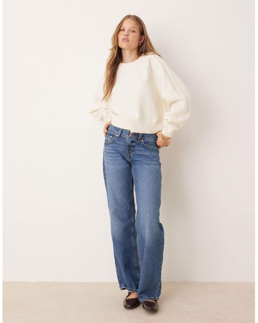 ASOS Blue Crew Neck Jumper With Raglan And Fisherman Rib Sleeve Detail