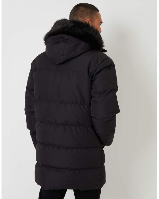 Threadbare Black Showerproof Longline Quilted Parka Jacket for men
