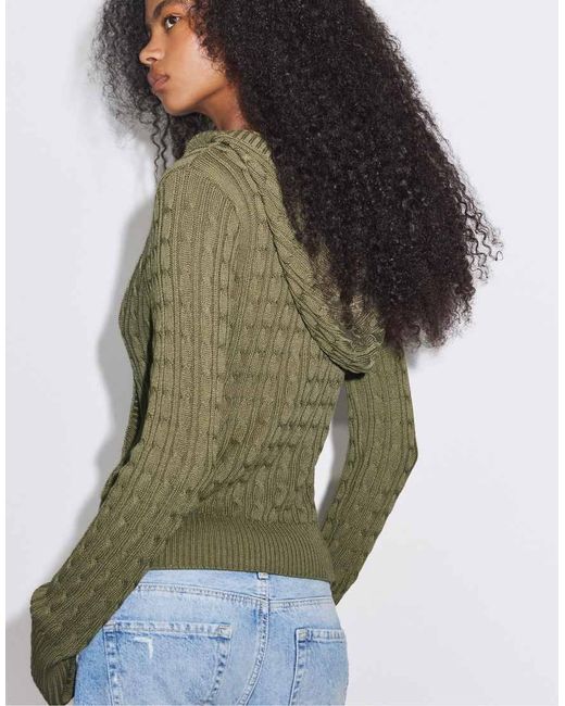Stradivarius Green Hooded Cable-Knit Jumper