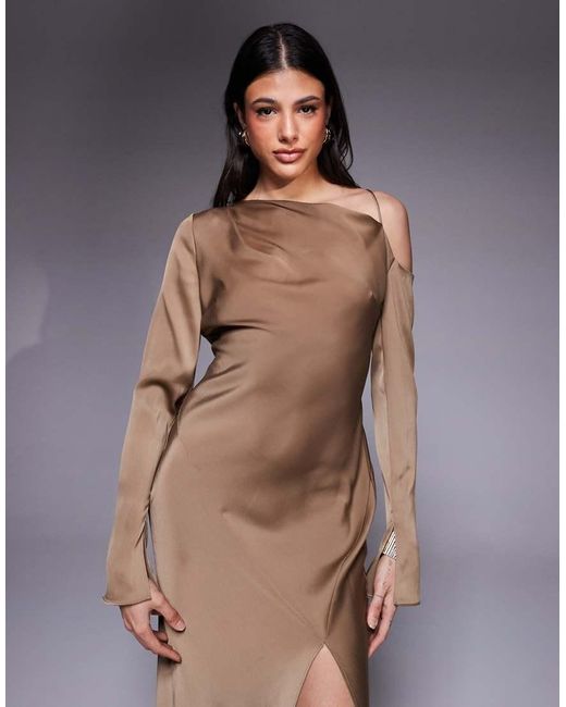 ASOS Brown Asos Design Tall Asymmetric Neckline Tie Back Midi Dress