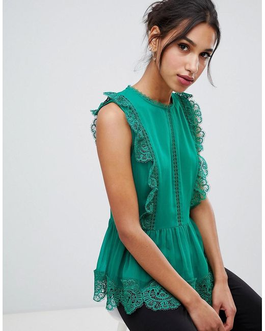 Ted Baker Green Mixed Lace Peplum Sleeve Top